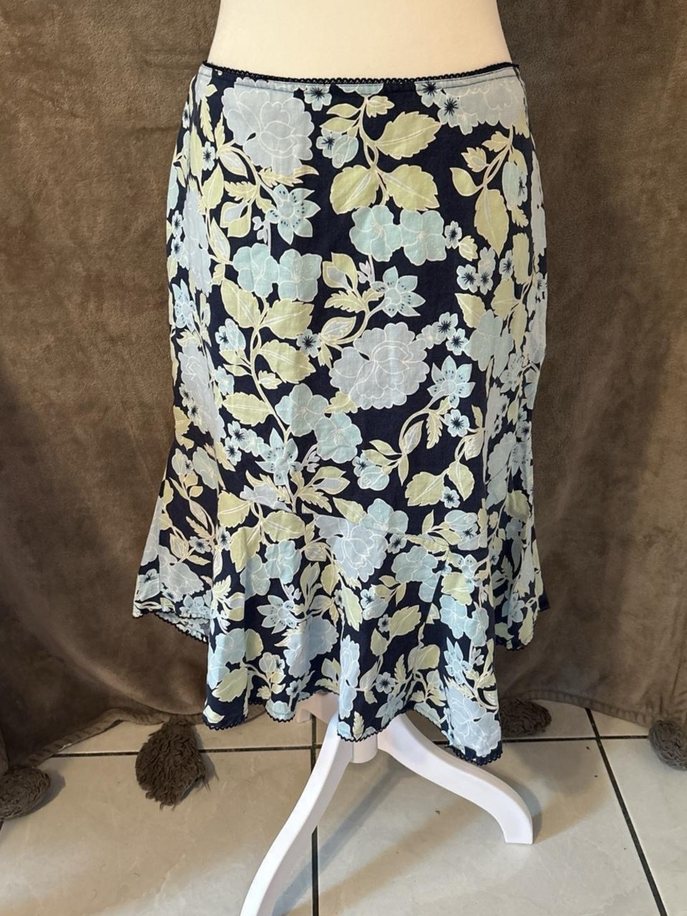 Vintage Blue and Green Floral Skirt with ruffle hem
